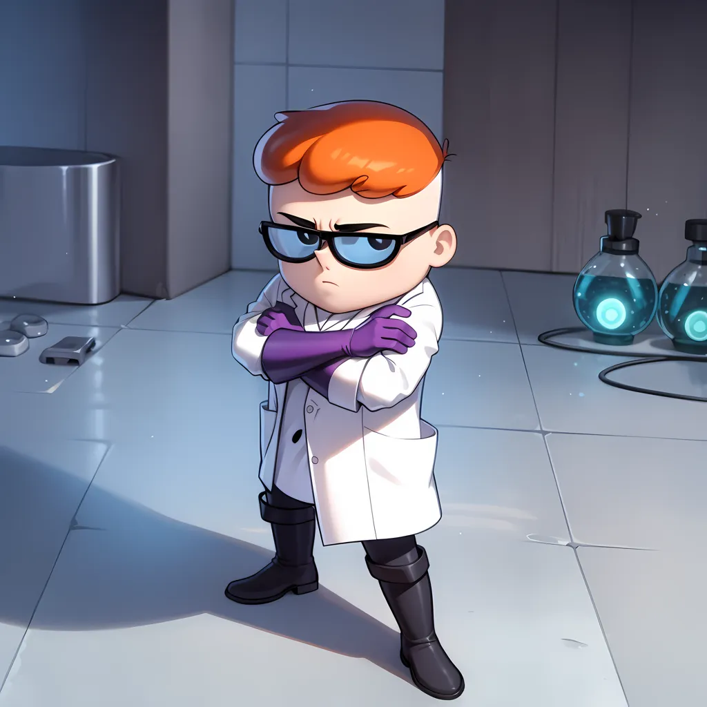 Dexter from the show "Dexter's Laboratory" is standing in a lab wearing a white lab coat and purple gloves. He has his arms crossed and is looking at the viewer with a serious expression. There are two large beakers and a metal trash can in the background.