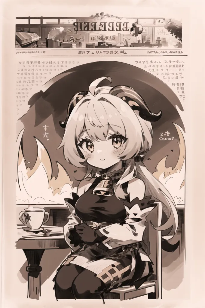 The image is in a sepia tone. It shows a chibi version of the character Ganyu from the game Genshin Impact. She is sitting in a chair with a cup of tea on the table. She is wearing a black and white dress with a red ribbon in her hair. She has a small smile on her face. The background is a blurred image of a city.