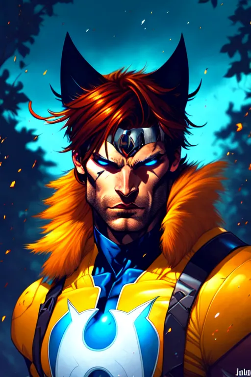 This is a picture of a superhero. He has the head of a wolf and the body of a human. His fur is yellow and his eyes are blue. He is wearing a yellow and blue suit.