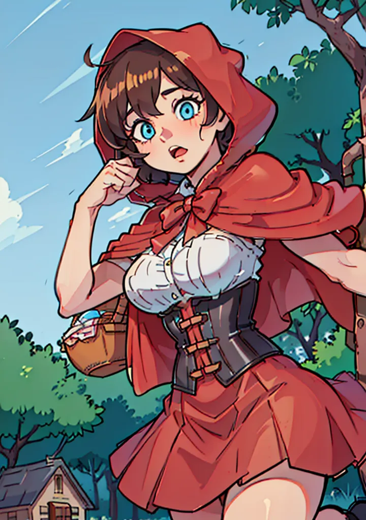 This is an image of a young woman in a red hooded cloak. She is standing in a forest and looks surprised. The woman is wearing a white blouse and a brown corset. Her hood is lined with white fur. She is carrying a basket on her arm. The background is a forest with a blue sky and white clouds.