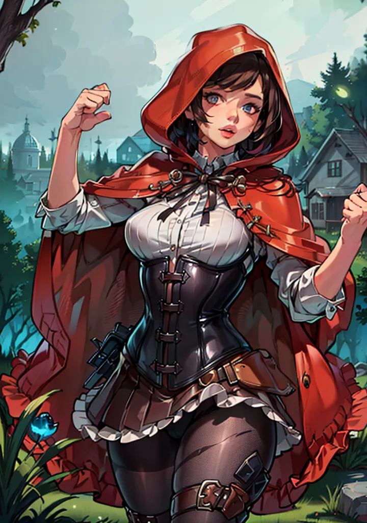 This is an image of a young woman dressed in a red hooded cloak. She is standing in a forest setting, with a village visible in the background. The woman is wearing a white blouse and a brown corset, and she has a pistol tucked into her belt. She has a determined expression on her face, and she is looking to the left of the frame.