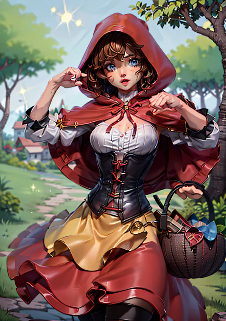 This image is of a young woman dressed in a red hooded cloak. The cloak is trimmed with white fur and has a red ribbon tied at the neck. The woman is wearing a white blouse with a black corset over it. The corset is laced up with a red ribbon. The woman is also wearing a red skirt and black boots. She is carrying a basket in her right hand. The basket is made of wicker and has a red cloth tied around the top. The woman is standing in a forest. There are trees all around her and the sun is shining through the trees. In the distance, there is a village. The woman is looking at the village.