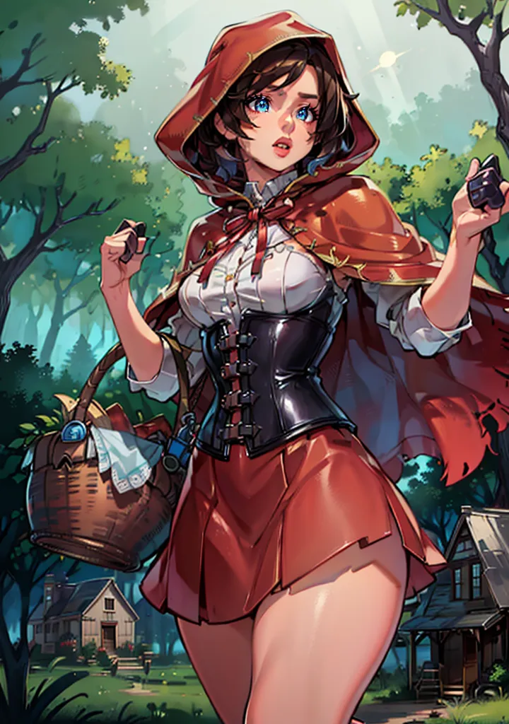 The image is of a young woman dressed in a red hooded cloak. She is standing in a forest and is carrying a basket. The woman has brown hair and blue eyes, and she is wearing a white blouse and a brown corset. The red hood is trimmed with white fur, and the woman is also wearing a red skirt. She is carrying a basket in her right hand, and there is a cottage in the background.