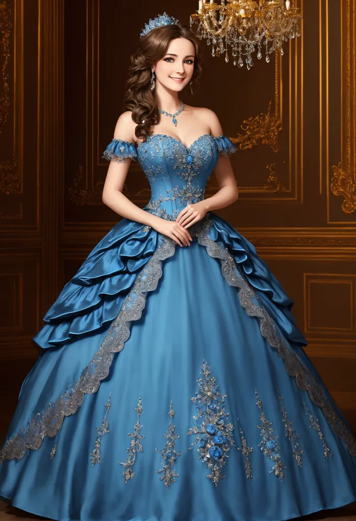 The image shows a woman wearing a blue ball gown. The gown is off-the-shoulder with a sweetheart neckline. It is fitted at the waist and has a full skirt with a long train. The gown is embellished with silver embroidery and beading. The woman's hair is styled in an updo and she is wearing a tiara. She is also wearing a necklace and earrings. The background of the image is a blurred gold color.