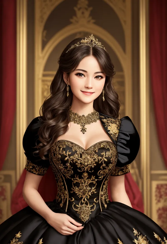 The image shows a young woman, with long dark hair, wearing a black and gold ball gown. The dress has a sweetheart neckline and is embroidered with gold thread. She is wearing a gold necklace and a gold tiara. The woman is sitting on a throne, and she has a confident smile on her face. The background is a blur of gold and red.