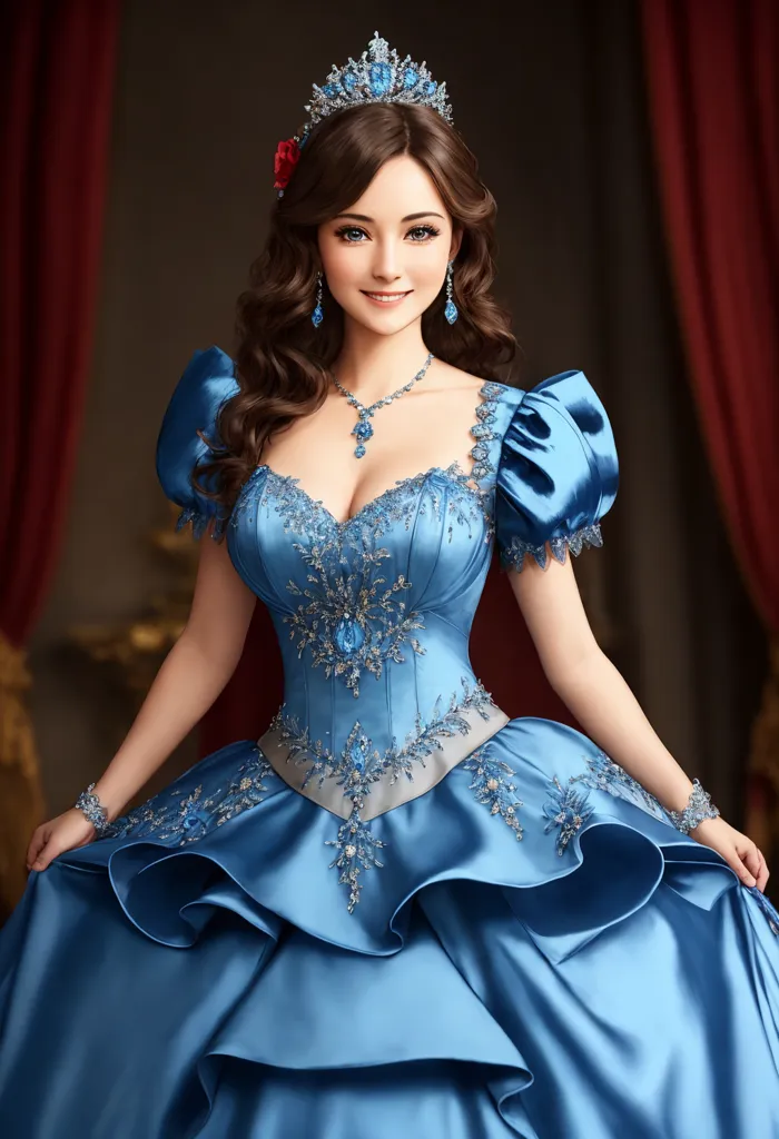 The image shows a young woman wearing a blue ball gown. The gown has a sweetheart neckline and is decorated with silver and blue beading. The woman is also wearing a necklace and a tiara. Her hair is long and brown and she is wearing a red rose in her hair. The background of the image is a red curtain.