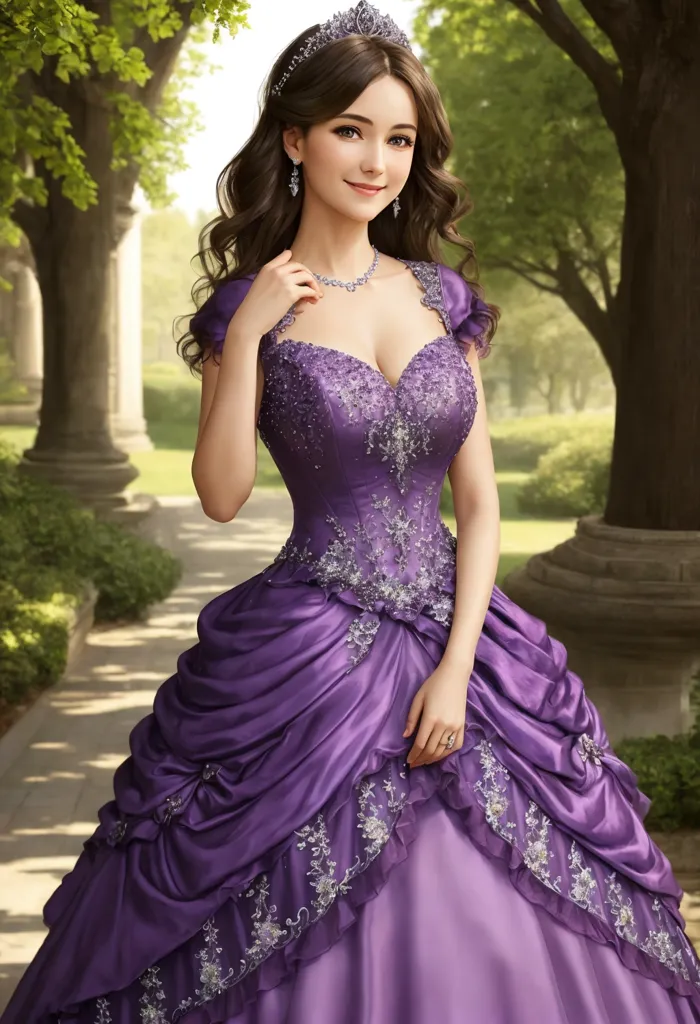 L'image montre une jeune femme portant une robe de bal violette. La robe est échancrée et a un décolleté en cœur. Le corsage est ajusté et comporte des broderies et des perles complexes. La jupe est ample et volumineuse avec plusieurs couches de volants. La femme porte une tiare et un collier et a les cheveux relevés. Elle se tient dans un magnifique jardin, entourée d'arbres et de fleurs.