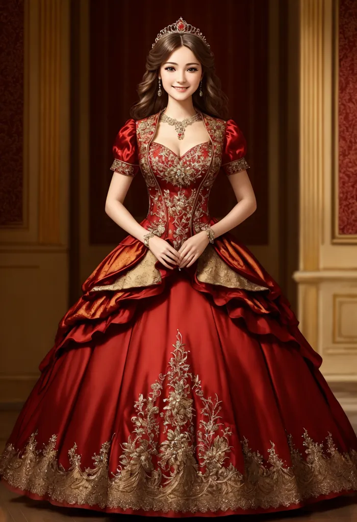 The image shows a woman wearing a red and gold ball gown. The dress has a fitted bodice with a sweetheart neckline and off-the-shoulder sleeves. The skirt is full and fluffy, with several layers of ruffles. The woman's hair is styled in an elaborate updo, and she is wearing a tiara and a necklace. She is standing in a grand hall, with a red curtain behind her.