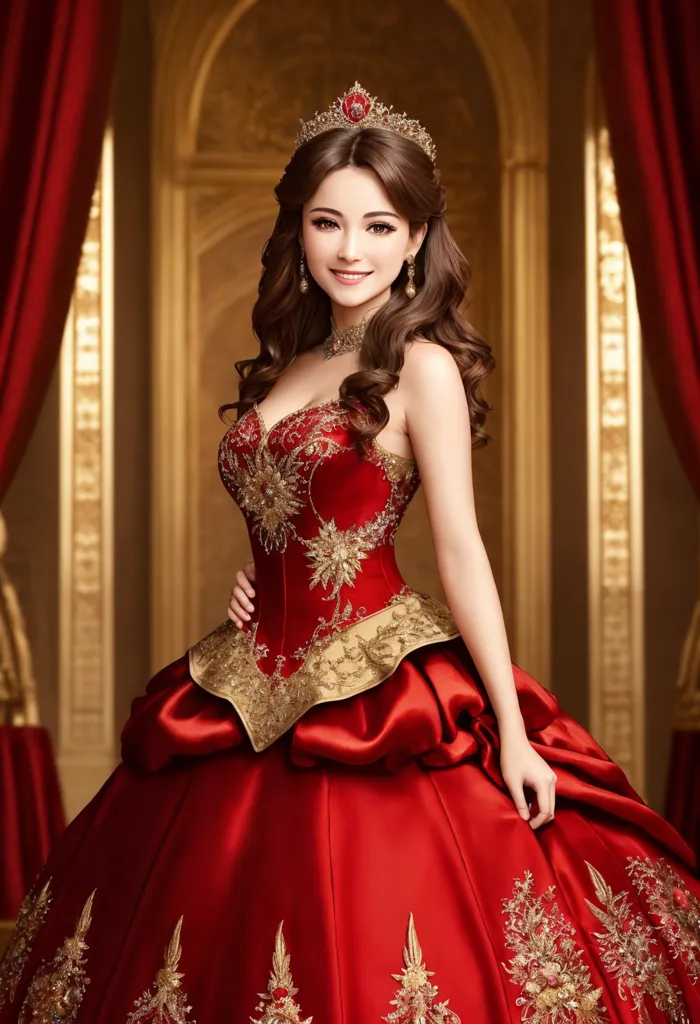 Esta é uma imagem de uma mulher usando um vestido de baile vermelho e dourado. O vestido sem alças tem um corpete bordado e com lantejoulas, com uma saia ampla. Ela está usando uma tiara dourada e um colar de diamantes. Seu cabelo está penteado em um coque com cachos soltos enquadrando seu rosto. Ela está em pé em um salão imponente com cortinas vermelhas e colunas douradas.