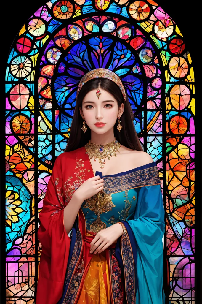 L'image montre une jeune femme debout devant une fenêtre en verre teinté. La femme porte une robe rouge et bleue avec un collier en or et un foulard bleu avec une bordure dorée. Elle a de longs cheveux bruns et des yeux bruns. La fenêtre en verre teinté est composée de nombreuses couleurs différentes, notamment du rouge, du bleu, du vert et du jaune. La femme se tient devant la fenêtre, et son corps est partiellement masqué par le verre. L'image est très colorée et très détaillée.