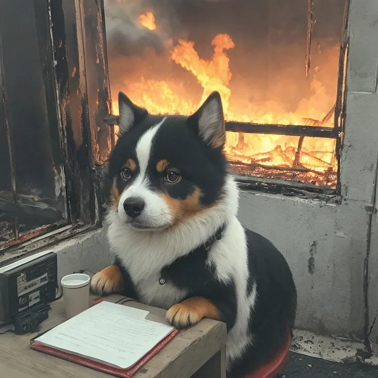 The image shows a cardigan corgi sitting in a room with a burning building in the background. The fire is orange and yellow and is destroying the building. The corgi is sitting on a chair in front of a desk. On the desk is a notebook and a coffee cup. The corgi is looking at the camera with a look of resignation on its face. The image is both funny and sad, as it captures the absurdity of a dog sitting in a burning building, seemingly unconcerned about the danger it is in.