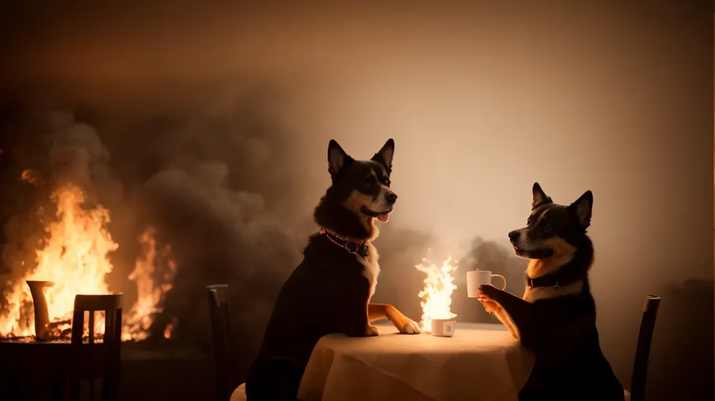 The image shows two dogs sitting at a table, drinking from tea cups. There is a fire burning in the background. One dog is holding the cup with it's paw.