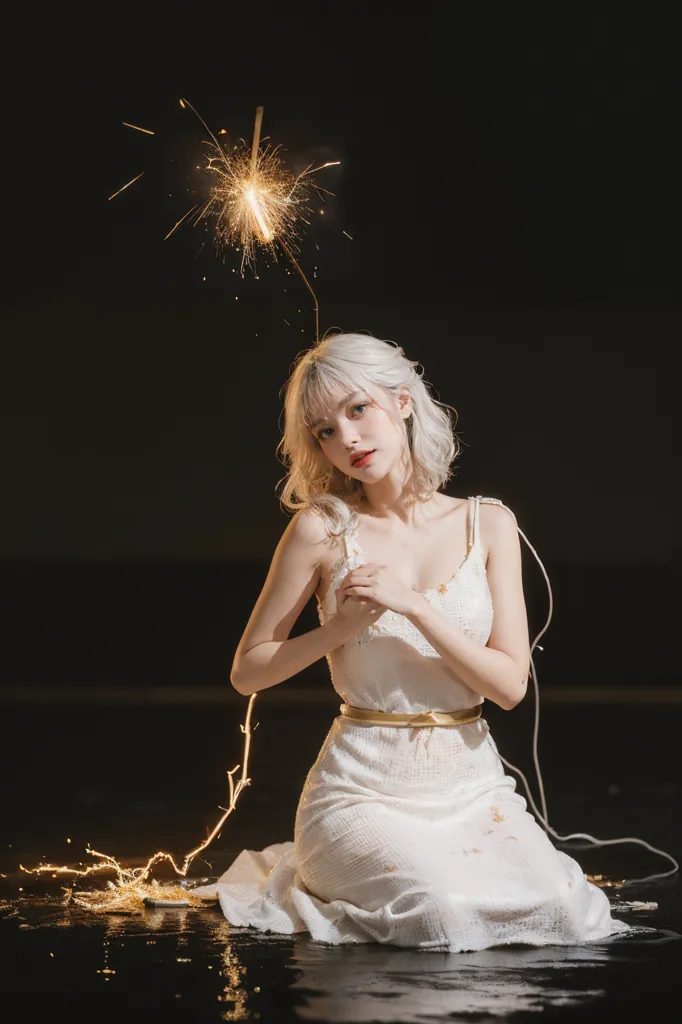 La photo montre une jeune femme, à genoux sur l'asphalte mouillé. Elle porte une robe blanche avec une ceinture dorée. Ses cheveux blonds sont courts et coiffés en un carré dégradé. Elle a une expression sérieuse sur le visage et regarde l'objectif. Il y a un sparkler dans ses cheveux. L'arrière-plan est noir avec une seule source de lumière éclairant la femme de face.