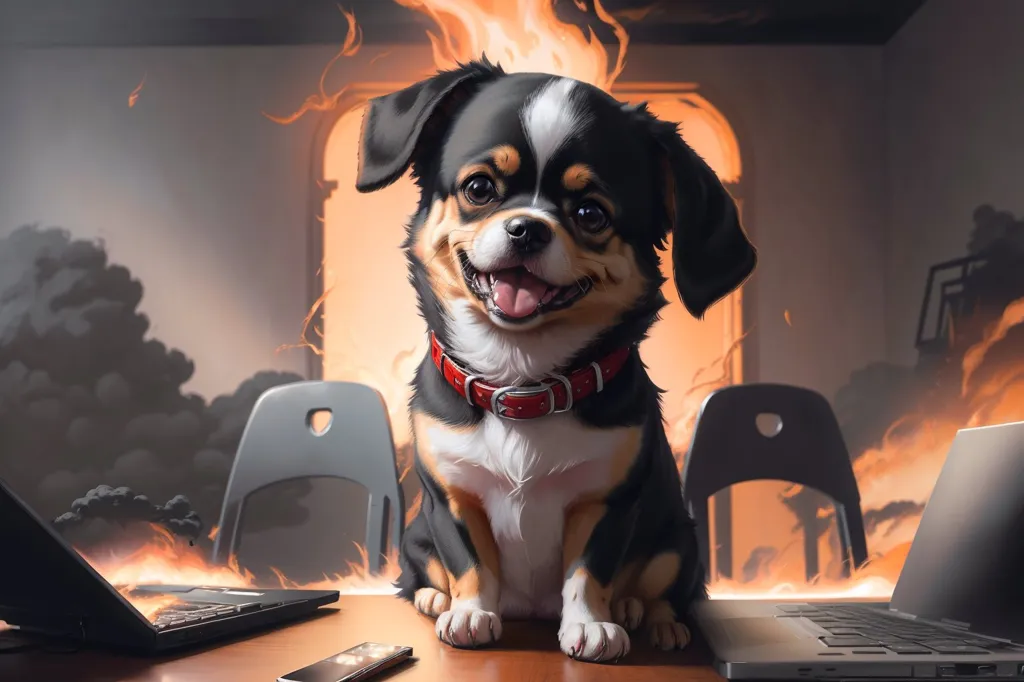 The image shows a small dog sitting on a table in front of two chairs. The dog has a black and brown coat, a white belly, and a red collar. It is smiling and looking at the camera. There are two laptops on the table. The background is a wall with a door and two windows. The door is open and there is a fire outside. The windows are covered in flames.