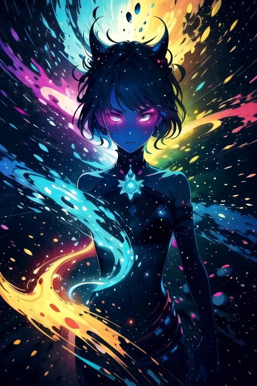 La imagen es de una chica con el cabello corto y negro y ojos morados. Lleva un body negro con una estrella blanca en el centro. Está rodeada de salpicaduras de pintura de colores. El fondo es un cielo nocturno azul oscuro lleno de estrellas. La expresión de la chica es seria y decidida. Parece que está a punto de usar sus poderes.