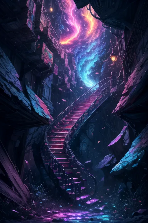 The image is a dark and mysterious staircase leading up into a bright light. The staircase is made of black stone with a glowing purple handrail. The walls of the staircase are made of rough-hewn stone and are covered in glowing purple moss. The ceiling of the staircase is made of a starry night sky with a glowing purple moon. There is a single lamp on the left side of the staircase.