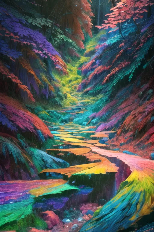 The image is a digital painting of a forest. The trees are all different colors, and the leaves are a rainbow of colors. The ground is covered in moss, and there is a river running through the middle of the forest. The river is also a rainbow of colors. There is a waterfall in the background, and the sun is shining through the trees. The image is very colorful and vibrant.