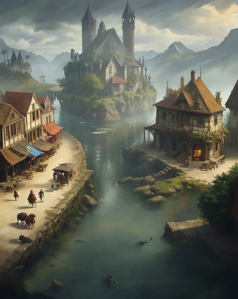 A imagem é uma pintura de uma cidade medieval. A cidade é construída à beira de um rio e está rodeada por montanhas. Há um castelo em uma colina que domina a cidade. A cidade está cheia de pessoas e animais. Há lojas, casas e uma igreja. As pessoas estão vestidas com roupas medievais. A pintura é muito detalhada e realista.