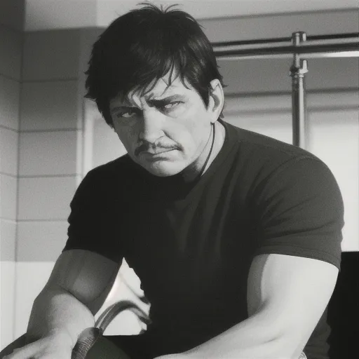 The black-and-white image shows a man with dark hair and a mustache. He is wearing a black T-shirt and has a serious expression on his face. He is sitting with his arms crossed and looks like he is in deep thought. The background is blurred, and there is a strong light shining on the man, which creates a dramatic effect.