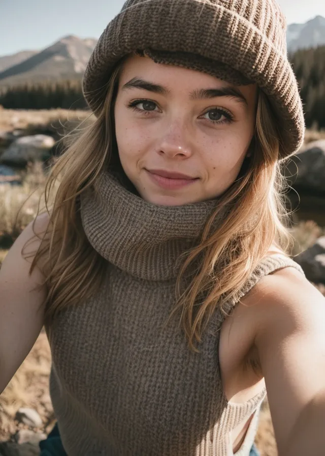 The image shows a young woman with a warm smile on her face. She is wearing a brown beanie and a brown turtleneck sweater. The background is a beautiful mountain landscape with a river running through it. The sun is shining and the sky is blue. The woman is standing on a rock and she has her hair in a ponytail. She is looking at the camera and she seems to be enjoying the view.