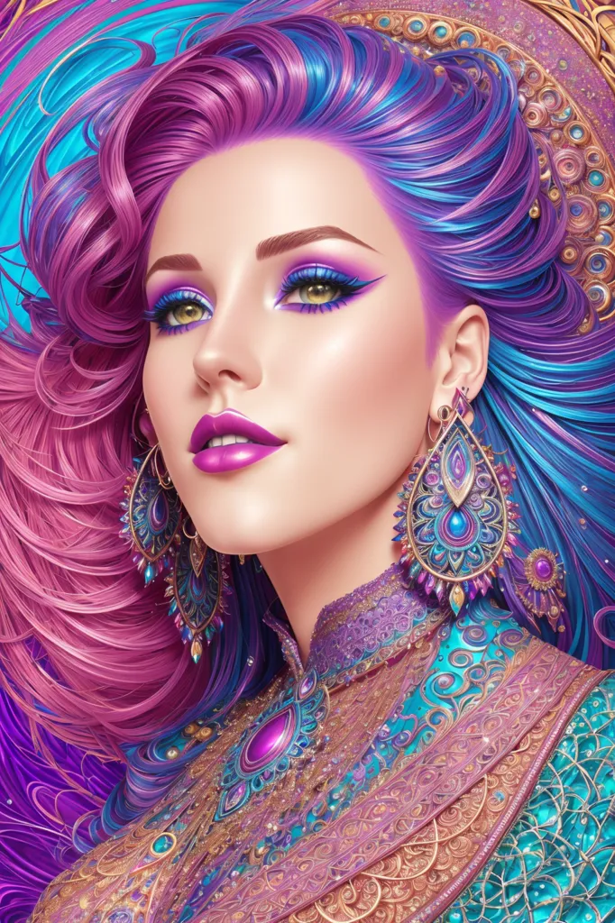 A imagem mostra uma mulher com cabelos longos e ondulados, nas cores rosa e azul. Seus olhos são de um azul claro e seus lábios têm um tom de rosa brilhante. Ela usa um colar e brincos dourados e roxos. Sua roupa é azul escuro com detalhes em dourado e roxo. O fundo é azul escuro com um brilho roxo em torno da mulher.