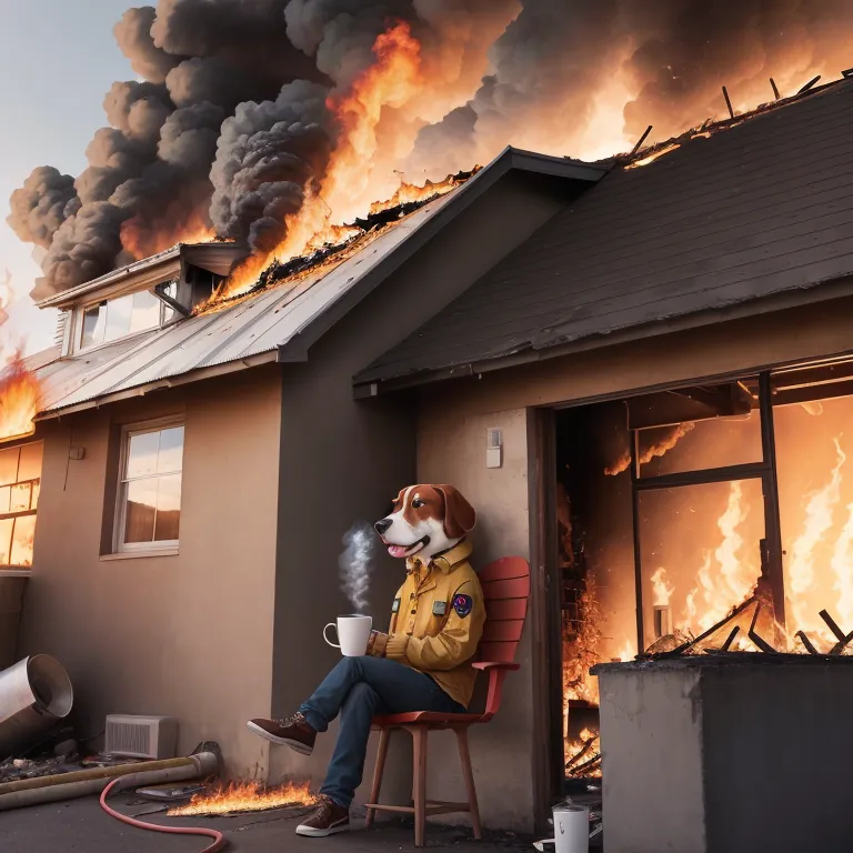 L'image montre une maison en feu. Le feu provient du toit. Il y a un chien assis sur une chaise devant la maison. Le chien porte une veste jaune et un chapeau marron. Le chien tient une tasse de café et regarde le feu. Le chien est calme et ne s'inquiète pas du feu.