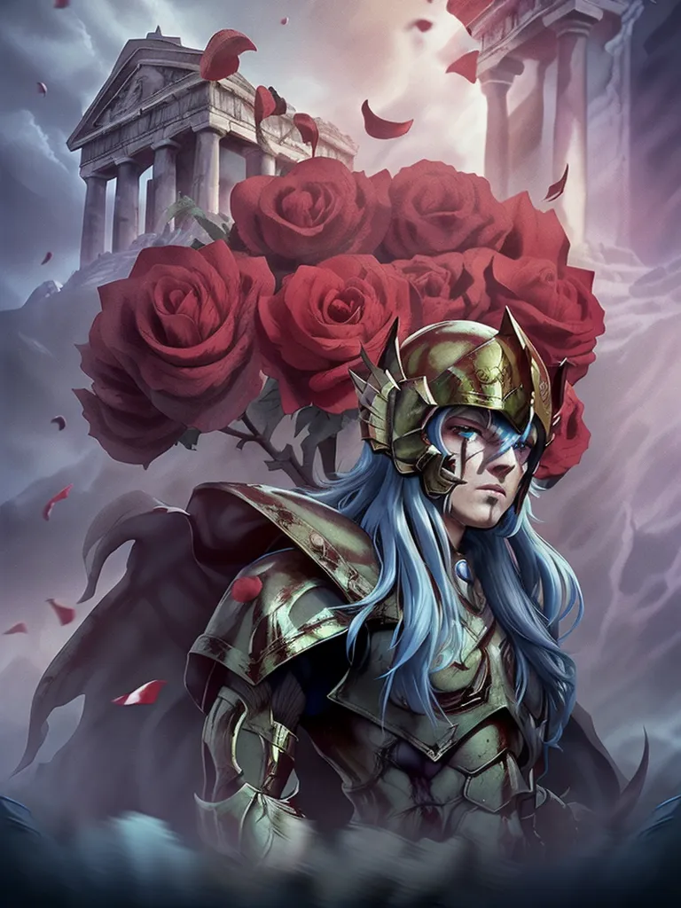 The image shows a young man with long blue hair and a golden helmet. He is wearing a golden armor and a red cape. He is standing in front of a temple with a large red rose bush behind him. The petals of the roses are falling around him. The man has a sad expression on his face.