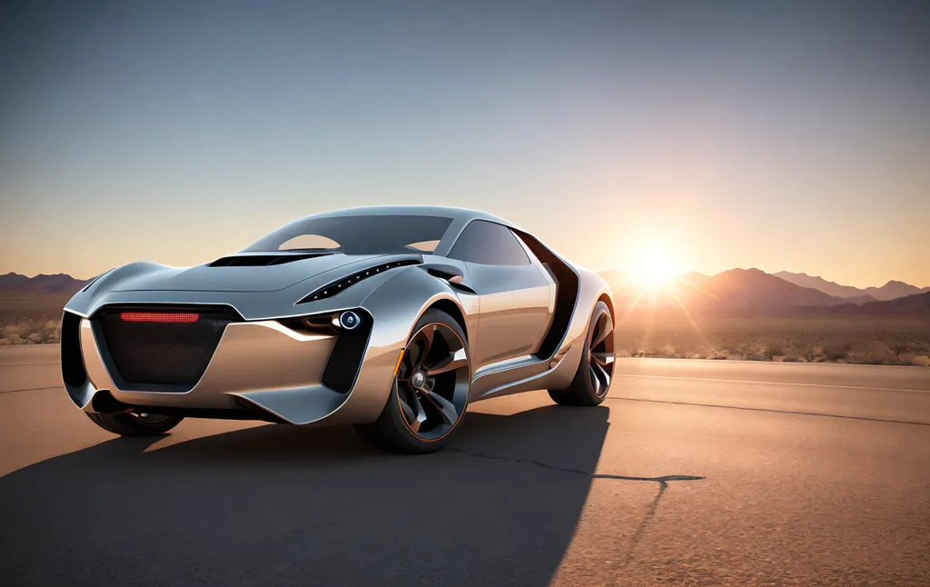 The image shows a silver sports car parked on an asphalt road in the middle of a desert. The car has a futuristic design. The sun is setting in the background, casting a warm glow over the scene.