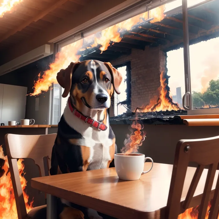 その画像には、燃え盛る家の中で、テーブルに座る犬が映っています。その犬は落ち着いた様子で、コーヒーを楽しんでいるようです。窓の外では火災が激しく燃え広がっていますが、犬はそれに全く動じていないようです。この画像は、ユーモアと深い思考を呼び起こします。たとえ混沌とした状況の中にあっても、コーヒーを一杯楽しむ時間があるということを、私たちに思い起こさせてくれます。