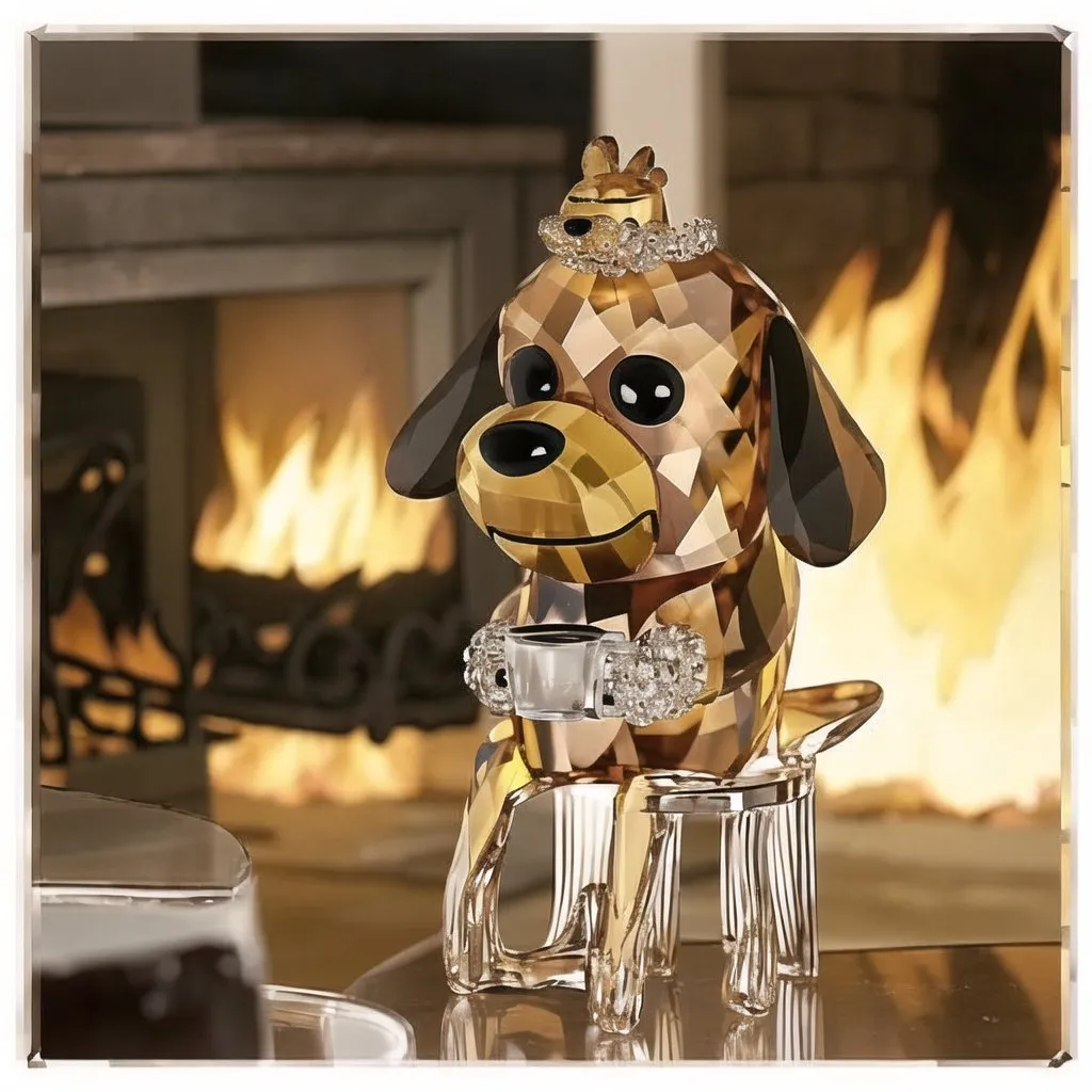 This is an image of a golden-brown crystal figurine of a dog sitting on a chair in front of a fireplace. The dog has a bird figurine on its head and is holding a cup in its paws. The figurine is sitting on a glass table. There is a fire burning in the fireplace and a glass on the table next to the dog.