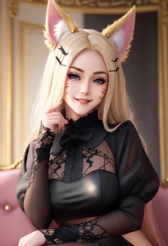 The picture shows a beautiful young woman with long blond hair and fox ears. She is wearing a black leather and lace outfit. She is sitting in a pink chair and has a sly smile on her face.