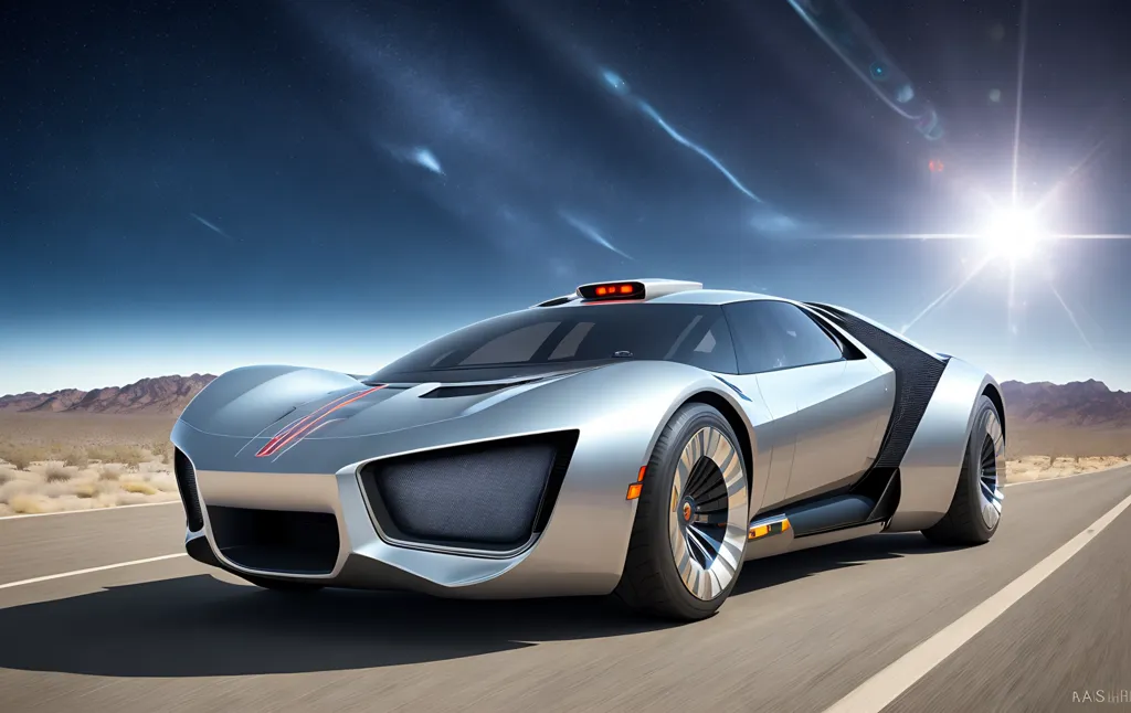 The image shows a silver sports car driving on a desert road. The car has a futuristic design, with a sleek body and large wheels. The car is also very fast, as it is able to outrun the sun. The background of the image is a vast desert, with mountains in the distance. The sky is clear, with a few clouds in the distance. The image is very realistic, and it seems as though the car is actually driving on the road.