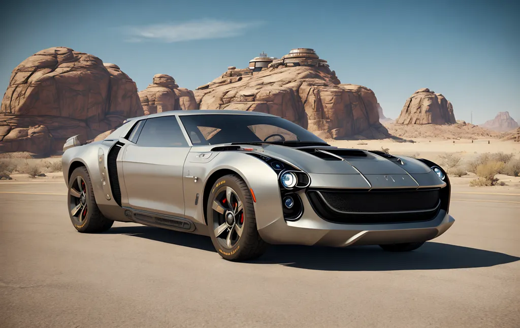 The image is of a silver sports car in the desert. The car is sleek and futuristic, with a long hood and a low profile. It has a large spoiler on the back and a set of five-spoke wheels. The car is parked on a road in the middle of the desert, with a large rock formation in the background. The sky is clear and blue, with a few clouds dotting the horizon.