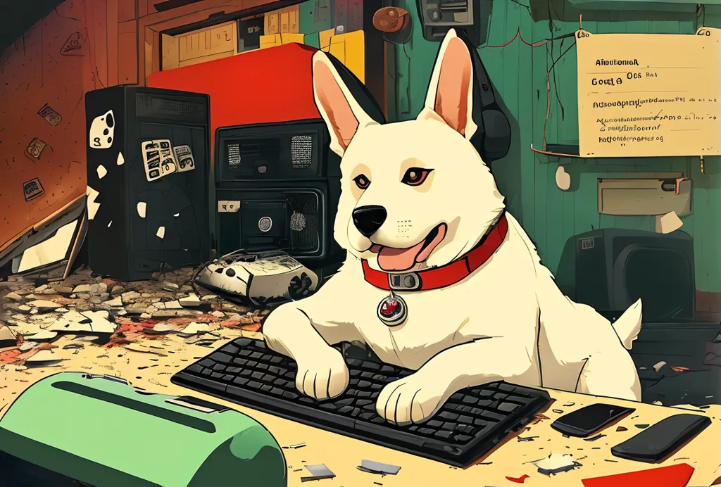 The image shows a white dog with brown ears and a red collar sitting in a room. The dog is sitting on a chair in front of a computer desk. The desk is covered in computer parts and other electronic equipment. The dog has its paws on the keyboard and is looking at the camera. The room is messy and there are boxes and other items scattered around.