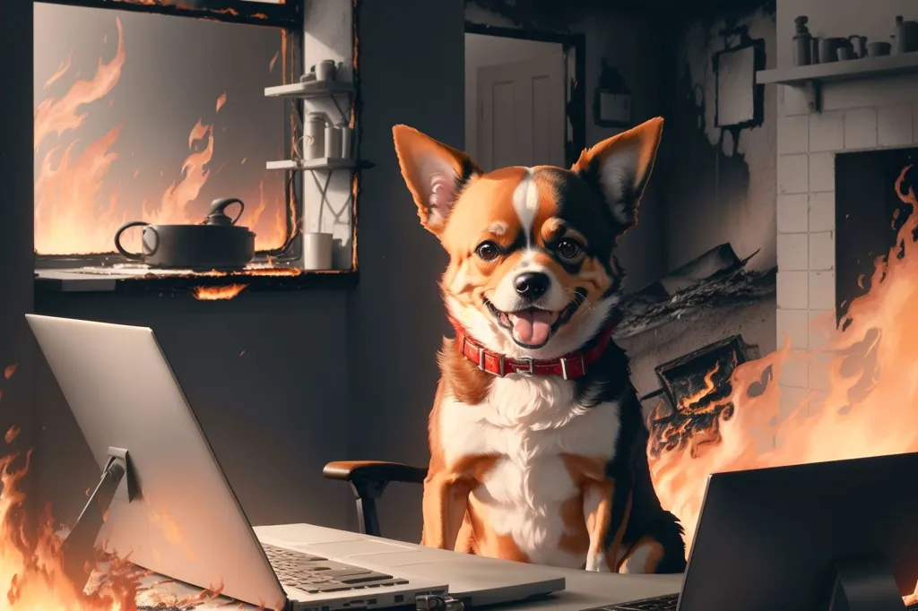 The image shows a small dog sitting in a chair in front of a laptop. The dog is smiling and has a red collar on. The background of the image is a burning house. There are flames on the walls and the floor. The dog is sitting in front of a desk with two laptops on it. The dog is looking at the camera.