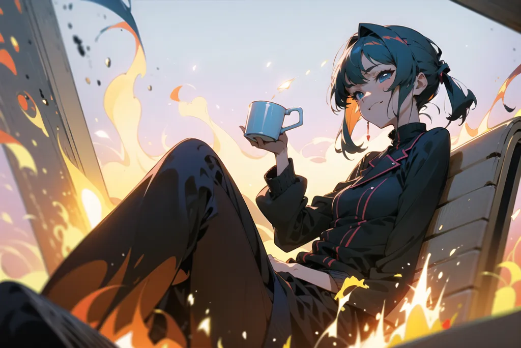 This is an illustration of a young woman drinking from a cup. She has short blue hair and green eyes. She is wearing a black jacket and pants. She is sitting on a chair and there are flames in the background.