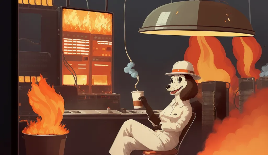 A cartoon dog wearing a hat and smoking a pipe is sitting in a chair in front of a computer. The computer is on fire, and there are flames all around the dog. The dog is calm and collected, and does not seem to be concerned about the fire.