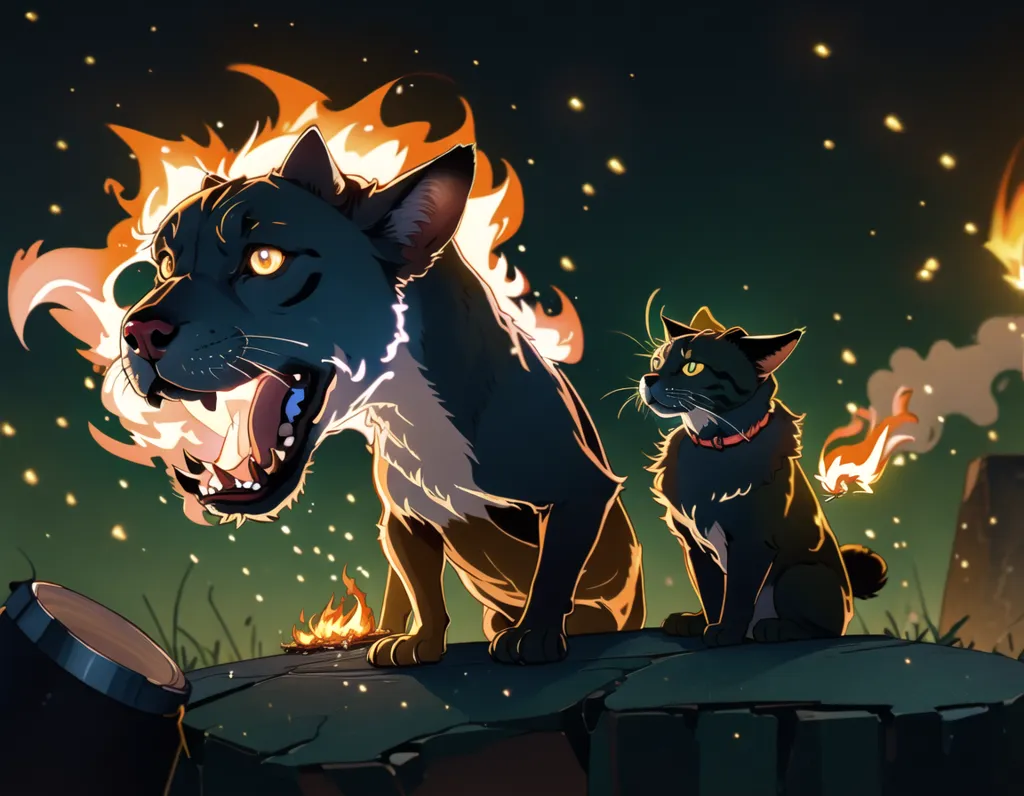 A large black panther with yellow eyes is standing on a rock, breathing fire. There is a smaller black cat with yellow eyes sitting next to it. The background is a dark blue night sky with many stars. There is a fire burning on the ground in front of them.