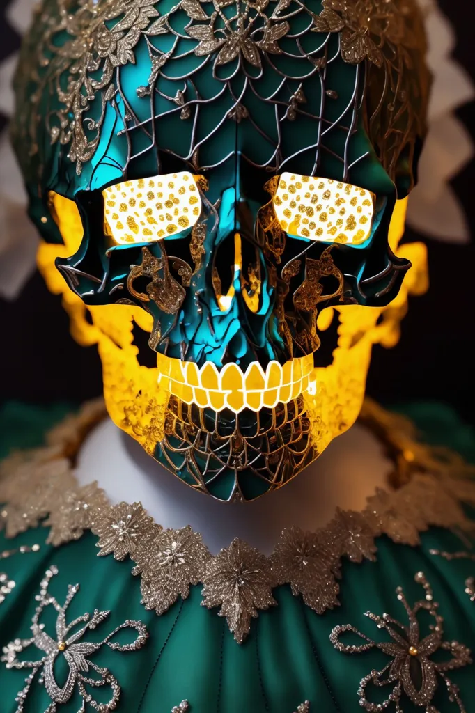 The image is a skull with a glowing yellow light coming from the inside. The skull is decorated with a green and gold floral pattern. The skull is also wearing a necklace made of gold and green beads. The background is black with a spotlight shining on the skull.