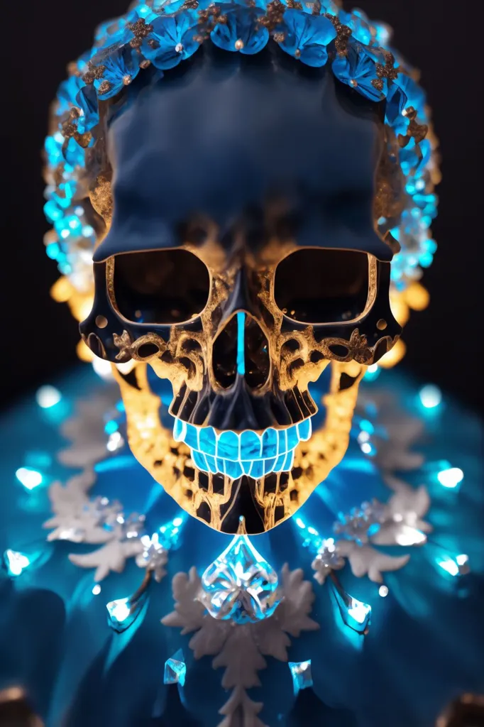 The image is a 3D rendering of a skull. The skull has intricate golden engravings and is adorned with blue and white flowers and gems. The skull is also glowing with a blue light. The background is black and the skull is in the center of the image.