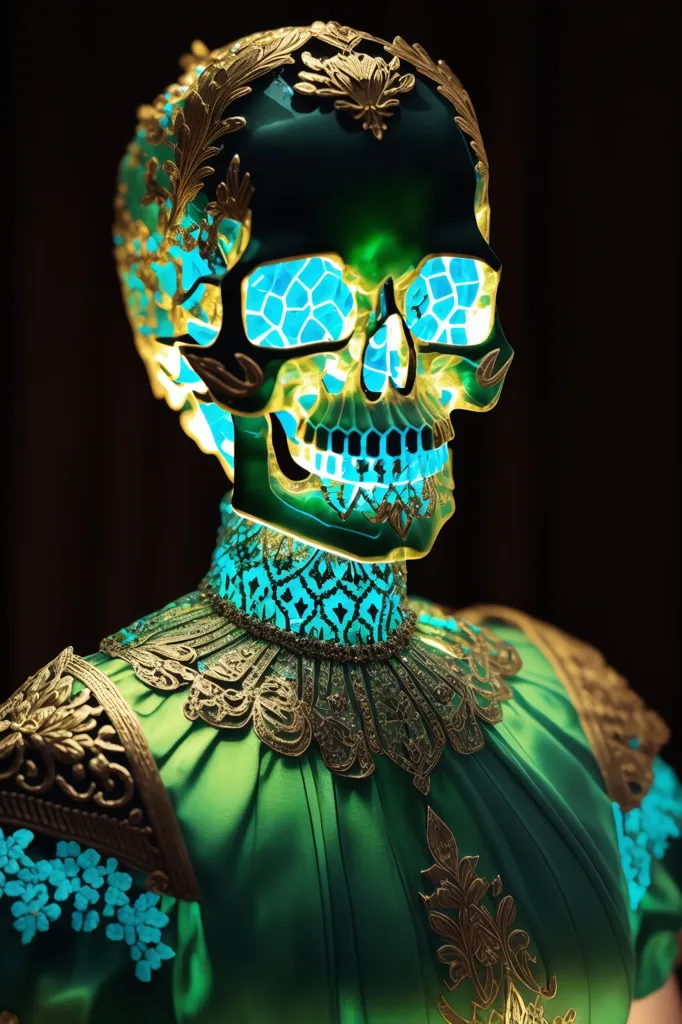 A imagem mostra um crânio com um cérebro azul brilhante. O crânio está usando um ornamentado cocar dourado e verde e um vestido verde com detalhes dourados. O fundo é preto.