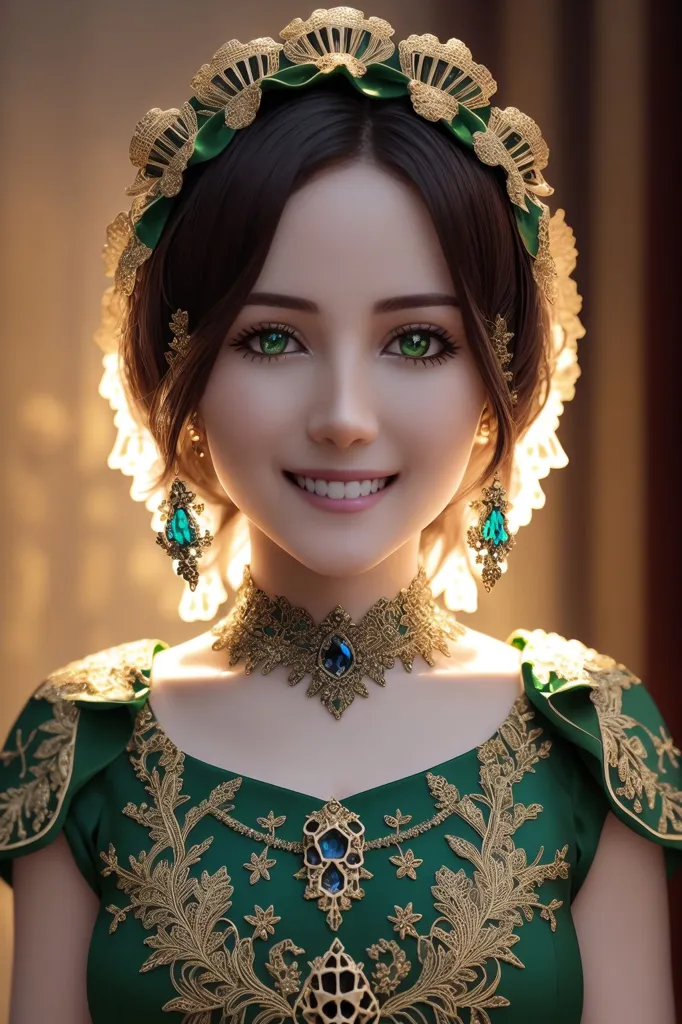 The image shows a young woman with long brown hair and green eyes. She is wearing a green dress with gold and white accents. The dress has a sweetheart neckline and is fitted to her waist. The skirt is full and flows to the ground. She is also wearing a gold necklace and earrings. The necklace has a large green jewel in the center and is surrounded by smaller white jewels. The earrings match the necklace and have a green jewel surrounded by white jewels. The woman has a soft smile on her face and is looking at the viewer. She is standing in front of a dark background.