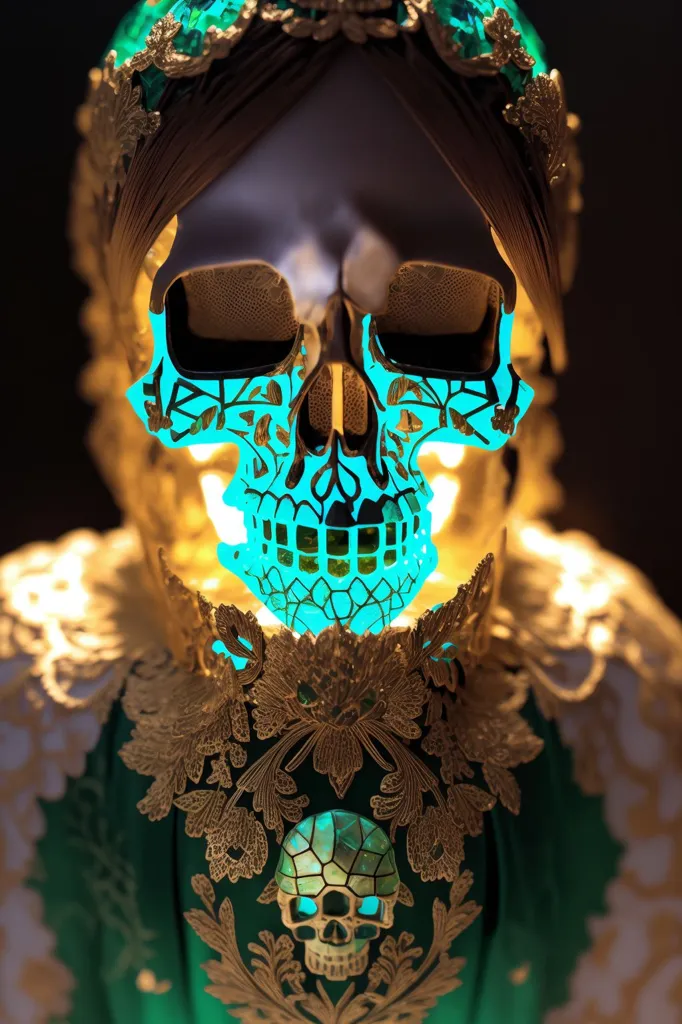 The image is a skull with a glowing blue light shining through intricate carvings. The skull is wearing a golden crown and a green dress with golden floral patterns. The background is black, and the skull is in the center of the image. The image is highly detailed, and the carvings on the skull are very intricate. The colors are also very vibrant, and the contrast between the light and dark areas of the image creates a dramatic effect.