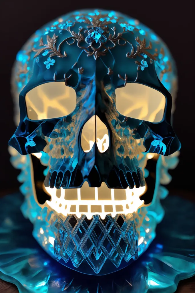 Esta é uma renderização 3D de um crânio feito de cristal azul. O crânio tem um padrão floral no topo e uma luz brilhante no interior. O crânio está sentado em uma superfície azul. O fundo é preto.