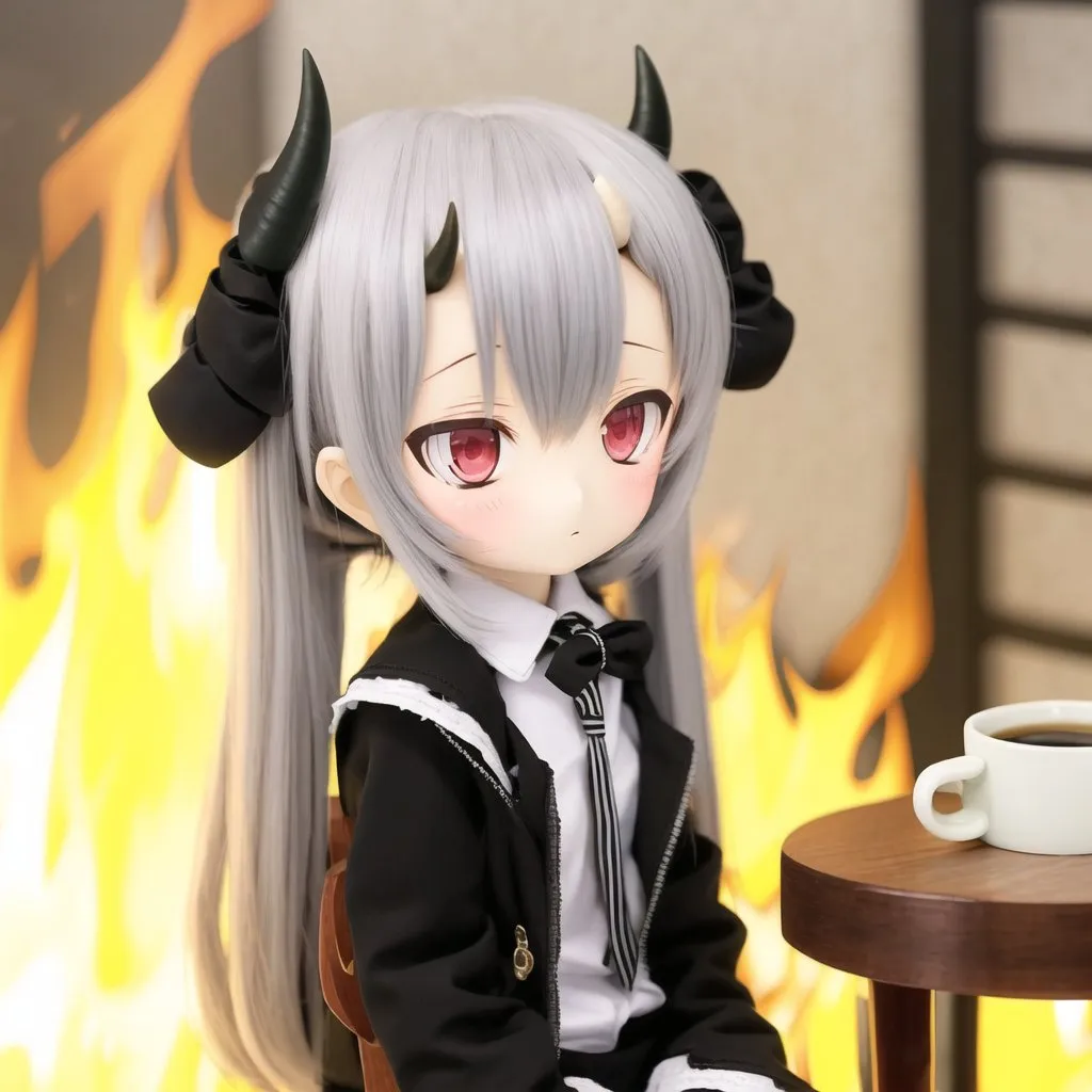 The image shows an anime-style doll with white and gray hair, black horns, and red eyes. She is wearing a black and white outfit with a red bow tie. She is sitting in a chair with a cup of coffee on the table next to her. There is a fire burning in the background.