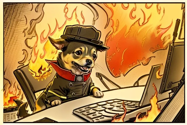 The image shows a cartoon dog wearing a firefighter's uniform, sitting in a burning office. The dog is wearing a firefighter's hat and coat and has a serious expression on its face. It is sitting at a desk, with a computer on the desk. The background of the image is orange, and there are flames all around the dog. The image is drawn in a realistic style, and the colors are vibrant and bright.