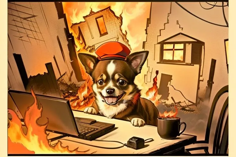 The image shows a cartoon dog wearing a red beret sitting in a room with a laptop on a table. The room is on fire, and the dog is smiling. The dog has a coffee cup next to it. The background is a cityscape in ruins.