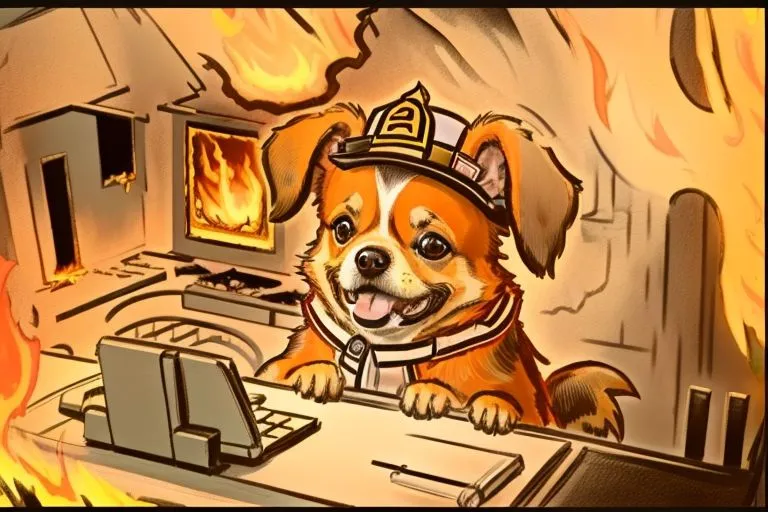 The image shows a cartoon dog wearing a firefighter's hat and jacket. The dog is sitting in a burning house and is using a computer. The dog has a determined look on its face, as if it is trying to figure out how to put out the fire. The image is funny because it is unexpected to see a dog in a firefighter's uniform. It is also funny because the dog is using a computer, which is not typically used to put out fires.