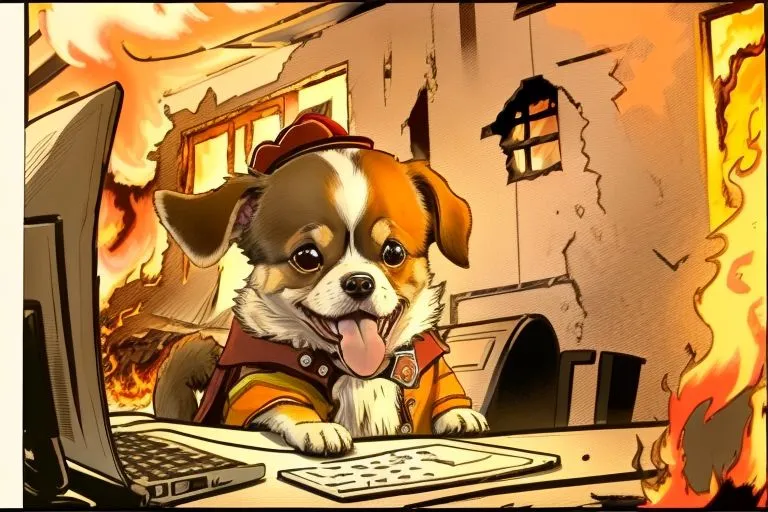 A imagem mostra um cachorro de desenho animado usando um capacete e jaqueta de bombeiro. O cachorro está sentado em um prédio em chamas, e há chamas ao seu redor. O cachorro olha para a câmera com uma expressão determinada. Ele está usando um capacete e jaqueta de bombeiro e segura uma mangueira na boca. Há chamas e fumaça ao redor do cachorro, mas ele não está com medo. O cachorro é um símbolo de esperança e coragem, e mostra que mesmo nas circunstâncias mais difíceis, sempre há esperança.