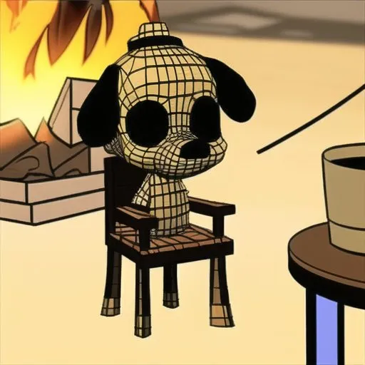 The image is a 3D rendering of a dog sitting on a chair. The dog is wearing a hat and has a serious expression on its face. The chair is made of wood and has a simple design. The background is a fireplace with a crackling fire. There is a small table beside the dog with a cup and saucer on it. The image is rendered in a realistic style with soft lighting and shadows.